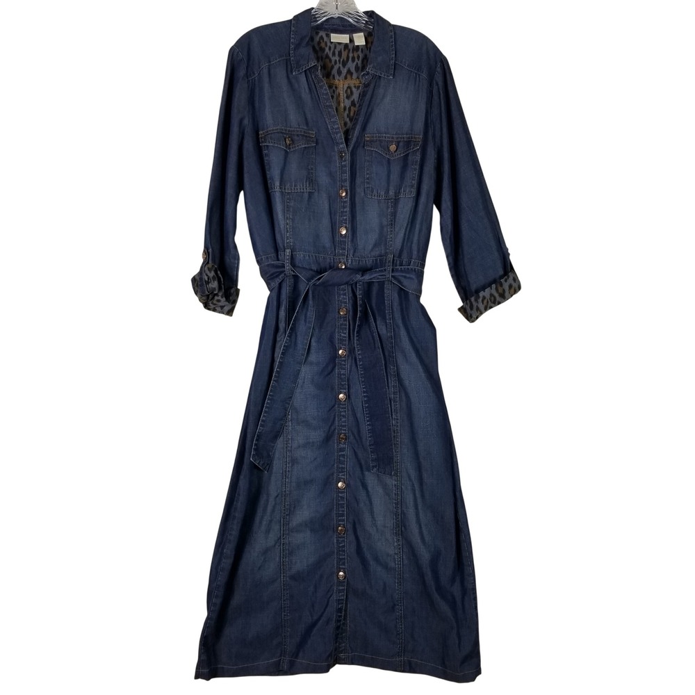 Chico's Shirt Dress Women 2 US L Blue Lyocell Denim Leopard Trim Belted Maxi
